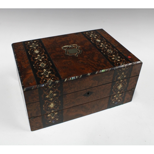 367 - Victorian inlaid burrwood writing box, hinged lid with internal mirror, lift out trays and fold out ... 