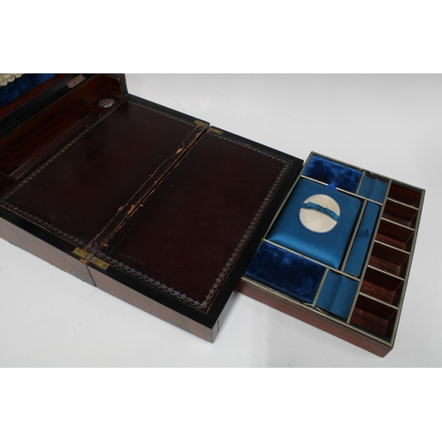 367 - Victorian inlaid burrwood writing box, hinged lid with internal mirror, lift out trays and fold out ... 