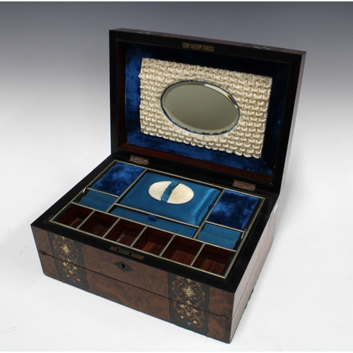 367 - Victorian inlaid burrwood writing box, hinged lid with internal mirror, lift out trays and fold out ... 