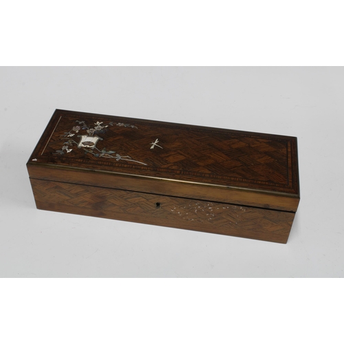 368 - Late 19th / early 20th century parquetry and mother of pearl inlaid glove box, 32cm long