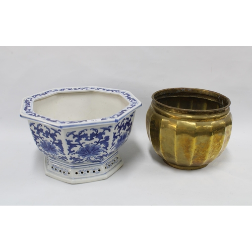 375 - Chinese hexagonal blue and white planter, 39cm,  and a lobed brass planter (2)