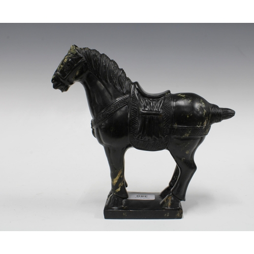 380 - Modern Tang style marbled resin horse on rectangular base, 22cm tall