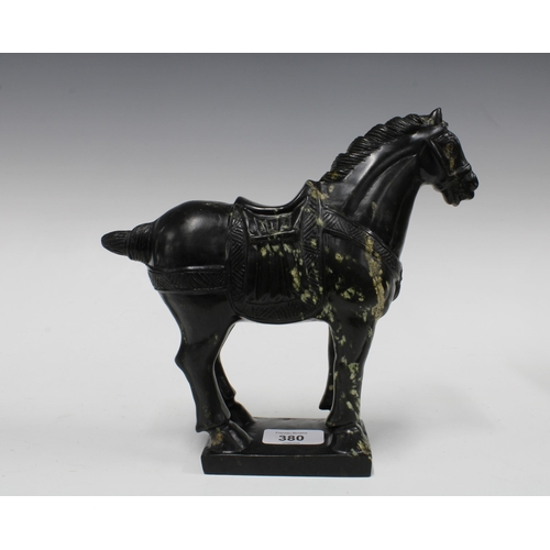 380 - Modern Tang style marbled resin horse on rectangular base, 22cm tall