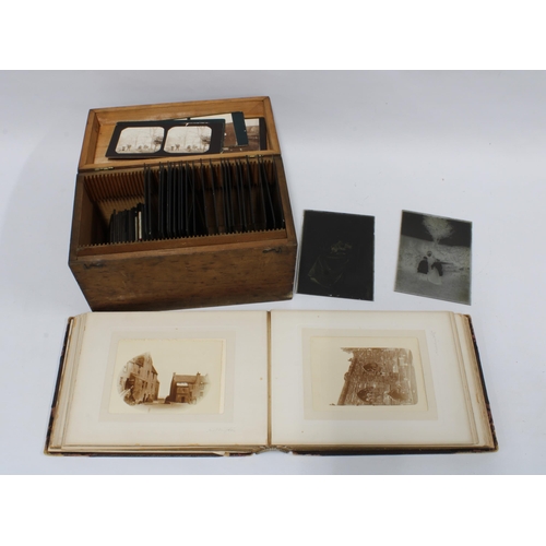 392 - Victorian carte de visite album with cards, glass lantern slides and albums containing black and whi... 