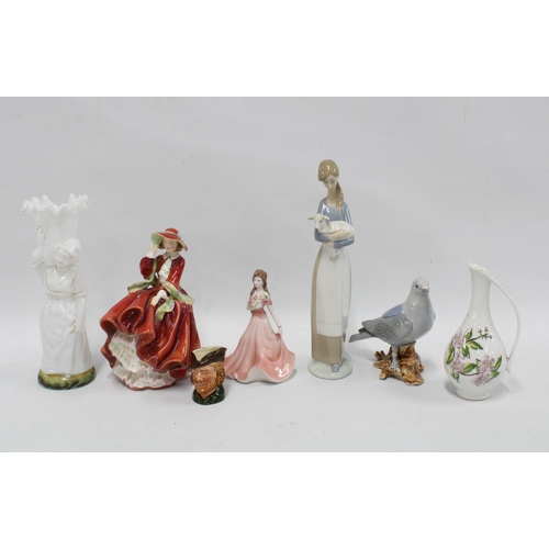 396 - Mixed lot to include Royal Doulton and Coalport china figures, opaque glass vase, miniature characte... 