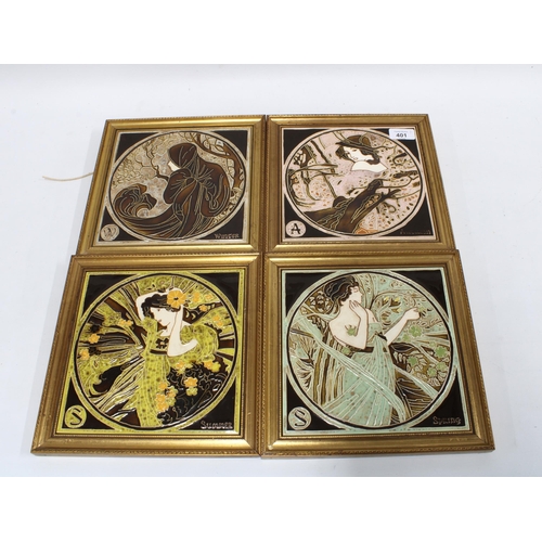 401 - Maw & Co, set of four Seasons tubeline decorated tiles, framed, 25 x 25cm (4)