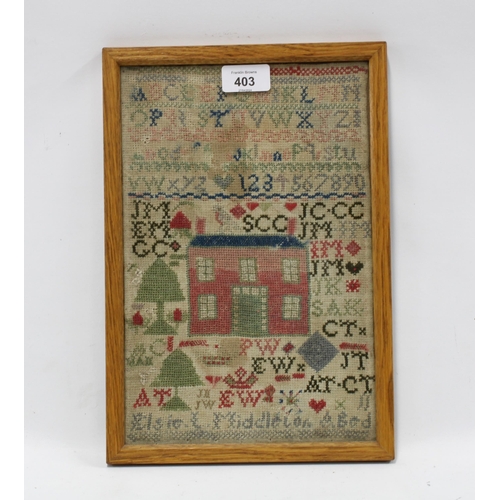 403 - Late 19th / early 20th century alphabet needlework sampler, worked by Elsie Middleton, framed under ... 