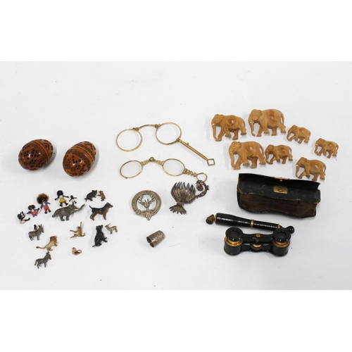 404 - Miniature lead figures, wooden elephants, gilt metal lorgnettes, etc (a mixed lot)