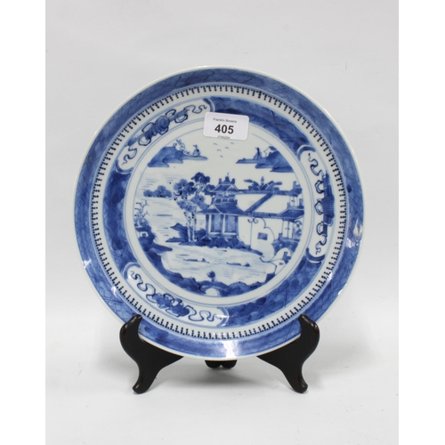 405 - Chinese blue and white plate with pagoda pattern, 25cm