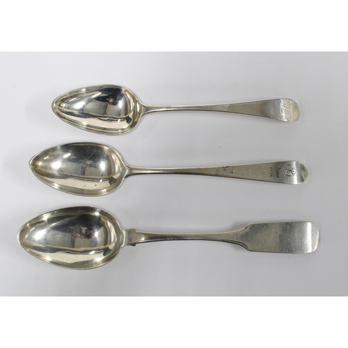 41 - Scottish provincial silver dessert spoon, fiddle pattern, Alexander Grant, Aberdeen c1825, an old en... 