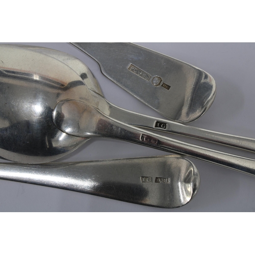 43 - A collection of 19th century Aberdeen silver tablespoons to include a fiddle pattern spoon by Peter ... 