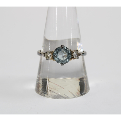 61 - 18ct gold three stone diamond and aquamarine ring, stamped 18ct, size T