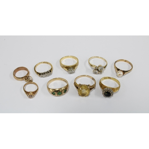 65 - Three 18ct gold dress rings and four 9ct gold rings together with a 9ct gold charm with two miniatur... 