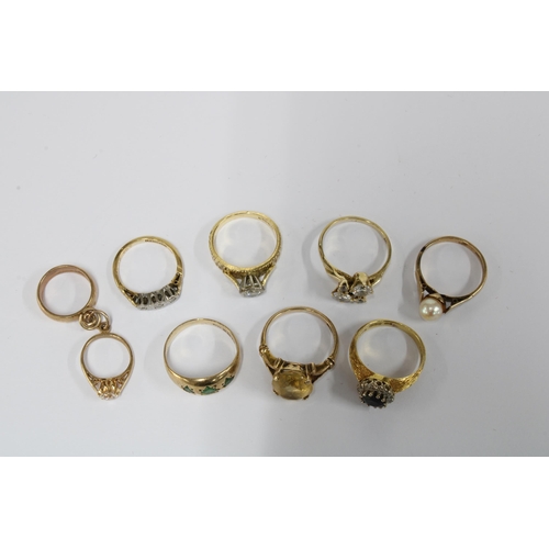 65 - Three 18ct gold dress rings and four 9ct gold rings together with a 9ct gold charm with two miniatur... 