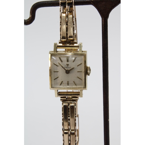 66 - TISSOT, ladies vintage 14ct gold cased wristwatch on a 9ct gold bracelet strap, stamped 375