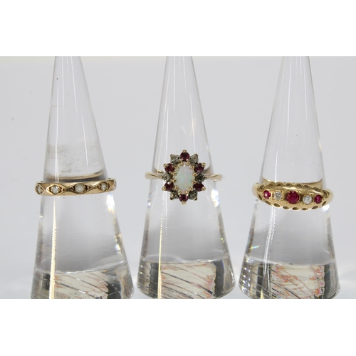 69 - 9ct gold opal, ruby and diamond cluster ring, a 9ct gold & diamond set full eternity ring and a ruby... 