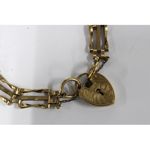 71 - 9ct gold gatelink bracelet with a heart shaped padlock, stamped 9ct & 375 and a 9ct gold chain neckl... 