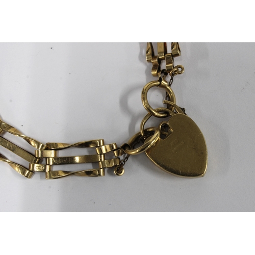 71 - 9ct gold gatelink bracelet with a heart shaped padlock, stamped 9ct & 375 and a 9ct gold chain neckl... 