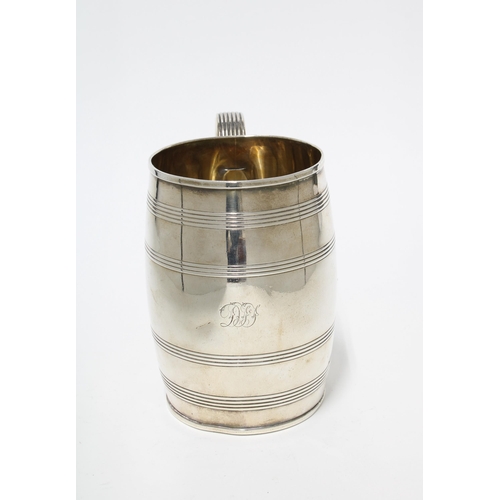 75 - George III silver barrel mug, John Emes, London 1798, with banded reed pattern and handle, 12.5cm