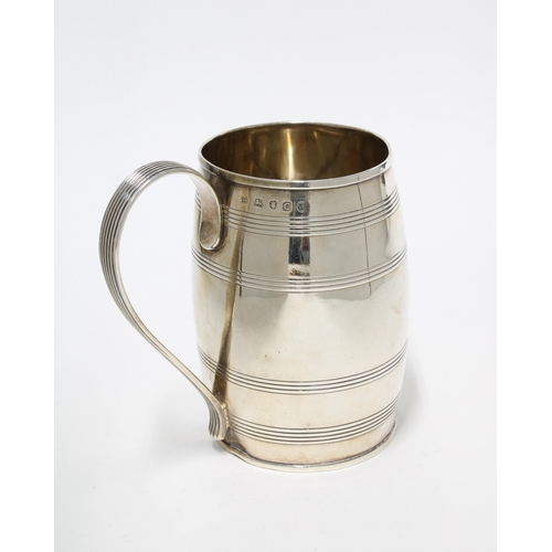 75 - George III silver barrel mug, John Emes, London 1798, with banded reed pattern and handle, 12.5cm