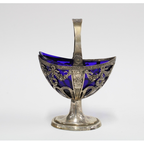 80 - 18th / 19th century Continental silver swing handled basket, pierced design with shaped blue glass l... 