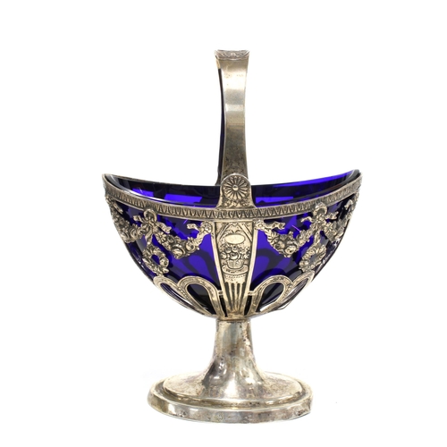 80 - 18th / 19th century Continental silver swing handled basket, pierced design with shaped blue glass l... 