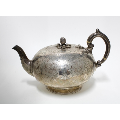 86 - Victorian silver teapot,  Glasgow 1858, globular form with bright cut pattern and presentation inscr... 