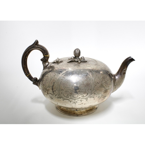 86 - Victorian silver teapot,  Glasgow 1858, globular form with bright cut pattern and presentation inscr... 