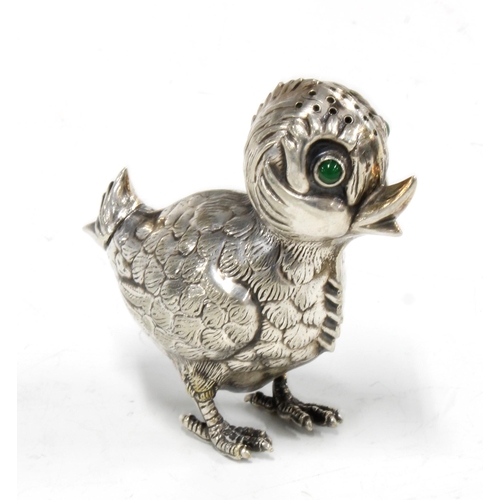 89 - Novelty chick pepper pot with green bead eyes, indistinct marks on underside of foot, perhaps contin... 