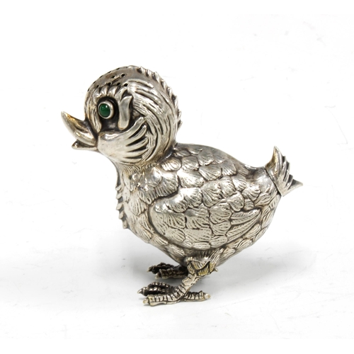 89 - Novelty chick pepper pot with green bead eyes, indistinct marks on underside of foot, perhaps contin... 