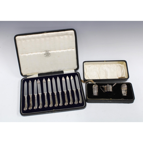 96 - Cased set of twelve silver fruit knives, Sheffield 1928, together with Birmingham silver three piece... 