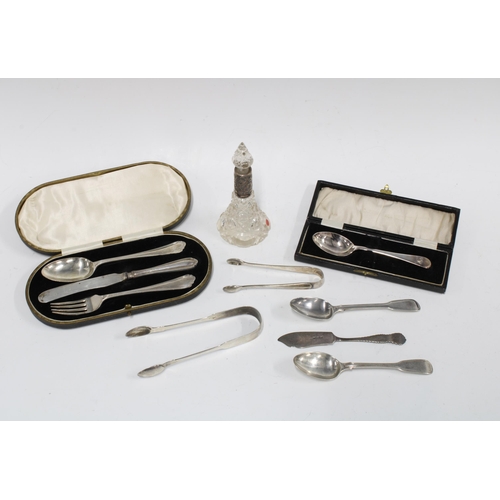 98 - Silver knife, fork and spoon cased set, Sheffield 1927,  cut glass scent bottle with silver collar, ... 