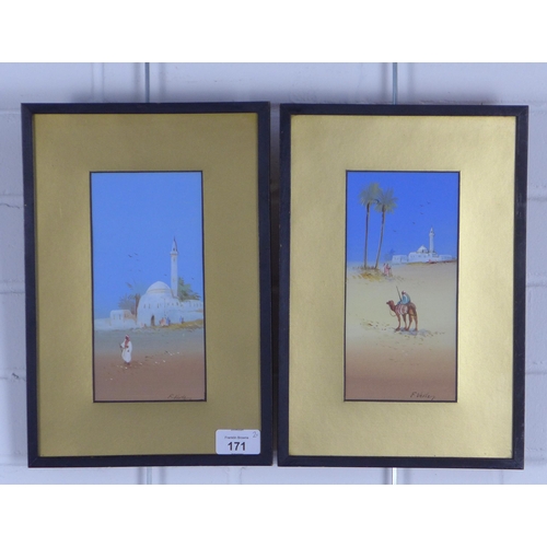 171 - F. VARLEY, a companion pair of desert gouache, signed and framed under glass, 9.5 x 20cm