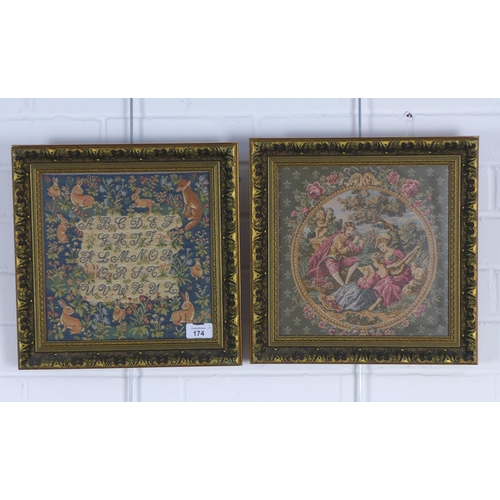 174 - Two modern tapestries, under glass within moulded gilt frames, size overall 32 x 32cm (2)