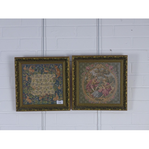 174 - Two modern tapestries, under glass within moulded gilt frames, size overall 32 x 32cm (2)