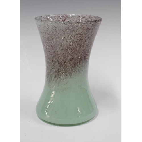 105 - Monart art glass vase, pale green and taupe flecks, of waisted form, 10 x 16cm.