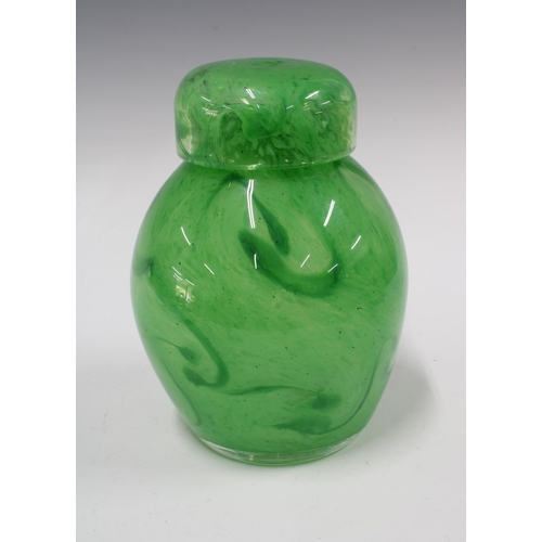 106 - Monart green glass ginger jar shape vase and cover, 15 x 21cm.