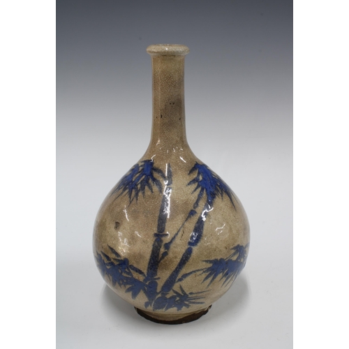 110 - Early 20th century bottle neck vase, craquelure ground with stylised blue leaf pattern, 17 x 28cm.