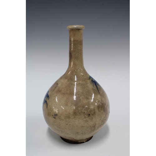 110 - Early 20th century bottle neck vase, craquelure ground with stylised blue leaf pattern, 17 x 28cm.