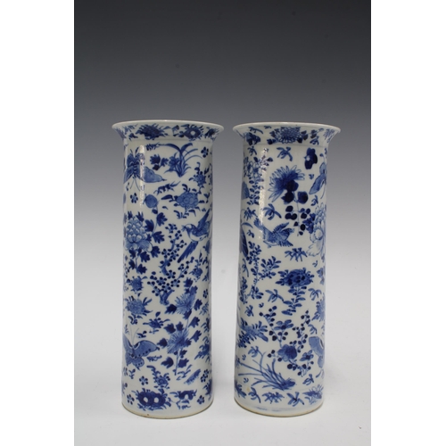 114 - A pair of Chinese blue and white sleeve vases, with birds and butterfly pattern, Kangxi marks but li... 