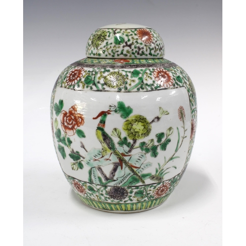 115 - Chinese Famille Verte ginger jar and cover, Kangxi marks but likely later, 18 x 22cm.