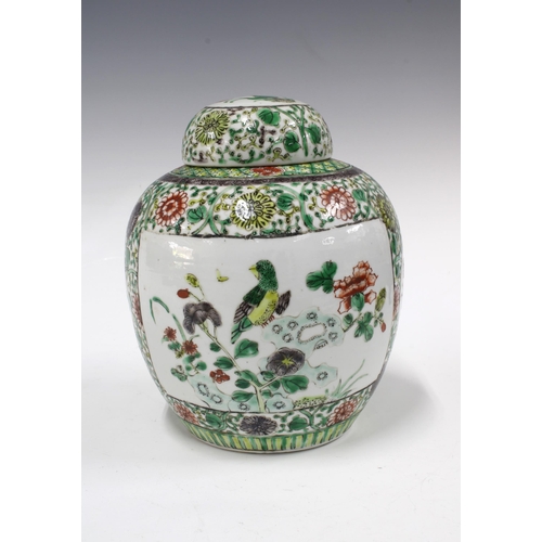 115 - Chinese Famille Verte ginger jar and cover, Kangxi marks but likely later, 18 x 22cm.