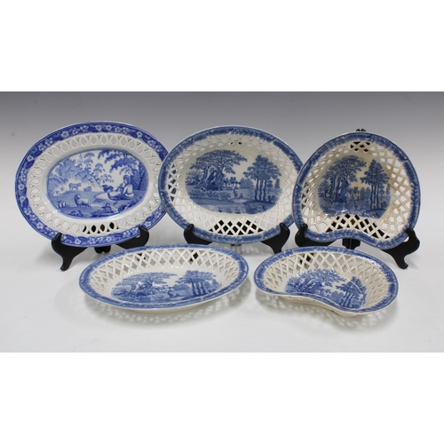 117 - 19th century Davenport blue and white transfer printed chestnut basket with stand together with an o... 