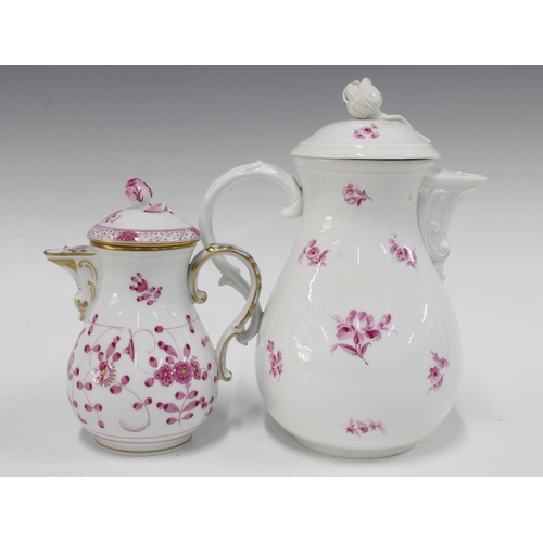 123 - Meissen coffee pot, baluster form and painted with puce floral sprays with a  moulded spout and rose... 