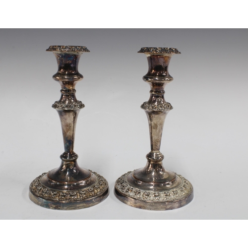 124 - A pair of silver plate on copper knop stemmed candlesticks, (2) 11 x 21cm.