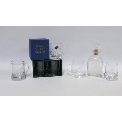 148 - Curling Interest: Royal Scot boxed crystal tumbler, a decanter with stopper and three tankards toget... 