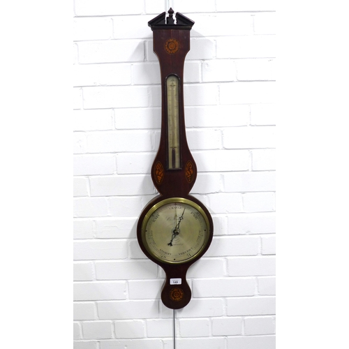 149 - 19th century mahogany banjo wall barometer, silvered dials and inlaid paterae, 95cm long