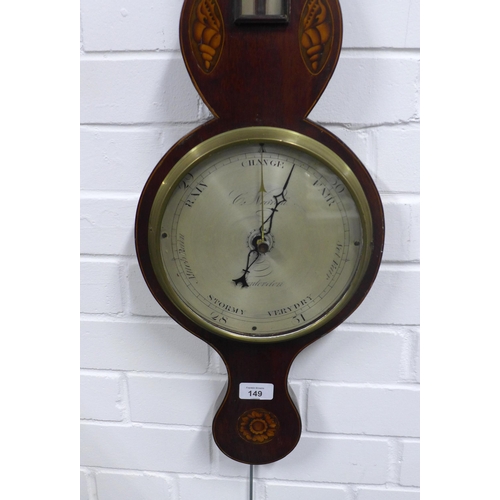 149 - 19th century mahogany banjo wall barometer, silvered dials and inlaid paterae, 95cm long