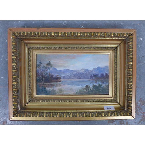 151 - An untitled loch scene oil on board, apparently unsigned, in a gilt frame, 28 x 16cm