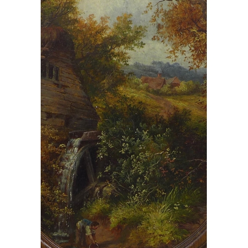 153 - An untitled oil on canvas of a watermill, apparently unsigned, in an oval frame, 40 x 50cm